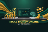 AI prompts for entrepreneurs: premium blue-and-gold AI workspace with a diverse professional reviewing transparent prompt interfaces